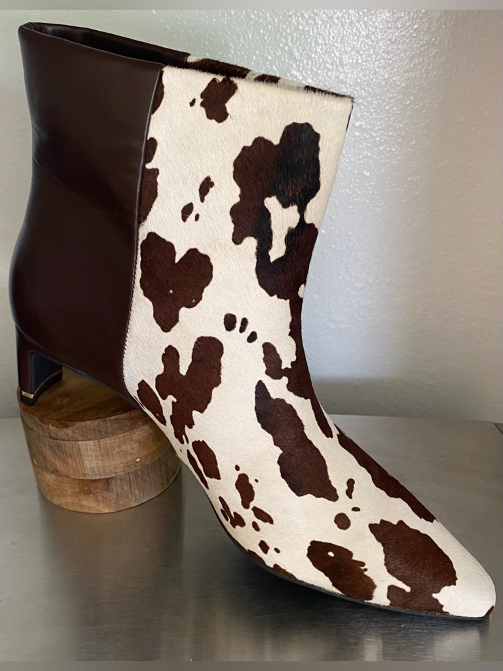NEW-KENNETH COLE COW PRINT AND BROWN LEATHER ANKLE BOOT